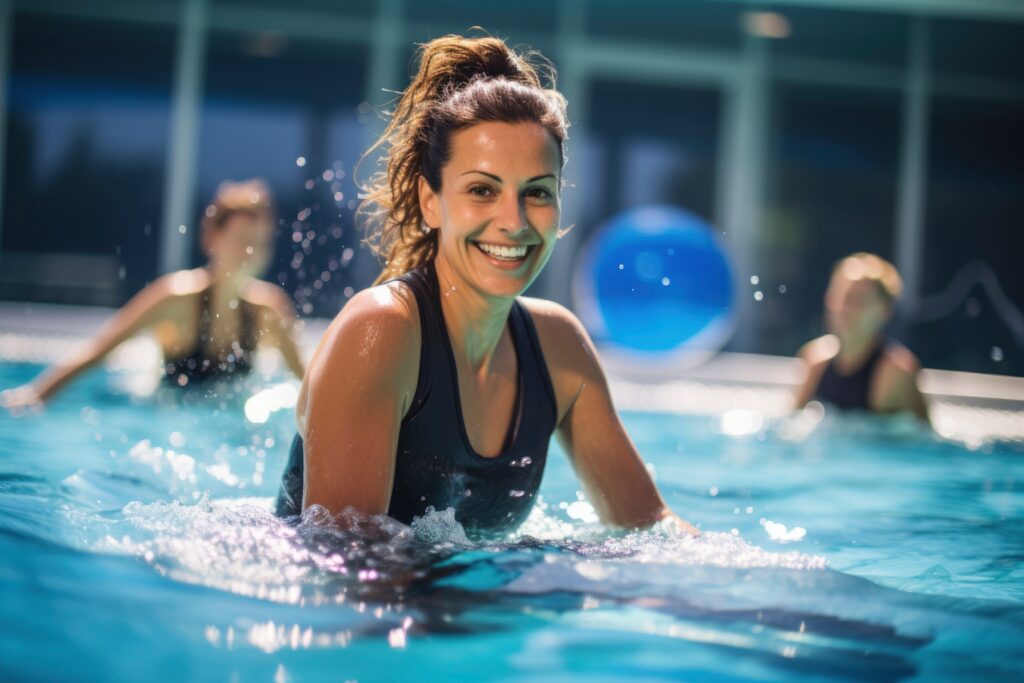 Woman doing aqua therapy to treat fibromyalgia pain.