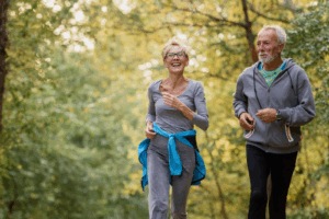 Married couple, age 60, is jogging along a wooded pathway.
